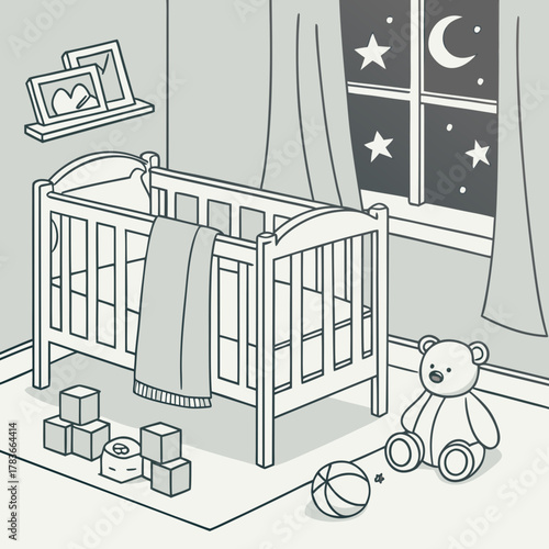 Cozy nursery scene at night with crib and toys