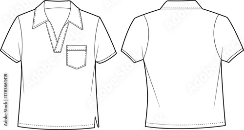 CAD drawing flat vector illustration of short sleeve shirt fashion sketch, technical clothing design, apparel template, garment outline, sewing pattern