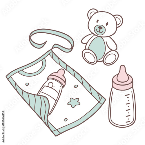 Cute baby essentials collection with teddy bear and bottles