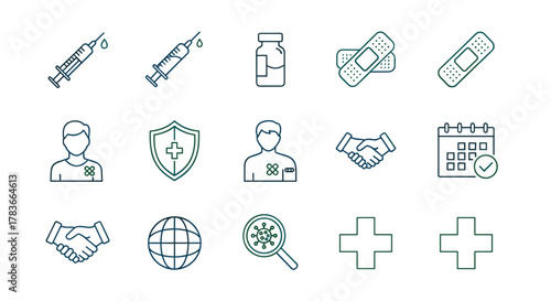 Immunization icon set, line art with editable stroke, vaccination healthcare design, medical prevention symbol series, flat outline medical vector illustration, featuring syringes, vials, bandages