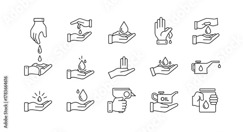 Set of line art icons depicting hands interacting with liquids and oil, including drops falling into palms, a hand holding an oil can, and a jar with a liquid drop, presented on a clean white