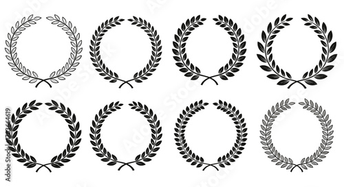 Collection of eight retro laurel wreaths in black and white, perfect for award banners, emblems, labels, and badges. These circular trophy decor elements feature detailed branches with leaves