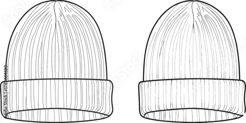 Knitted beanie hat illustration, winter fashion accessory, ribbed wool cap design, cozy warm headwear, folded brim style, seasonal clothing vector art