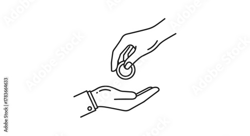 Clean line art icon illustrating the act of giving money, with one hand offering a coin to another open palm, symbolizing financial transaction, donation, or payment. This minimalist graphic is set