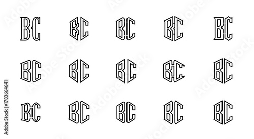 Set of 15 Monogram Logo Designs Featuring the Letters 'B' and 'C' in a Serif Font, Presented as a Vector Cartoon Illustration on a White Background, Ideal for Branding and Graphic Design Projects.