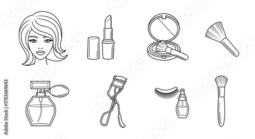 Vector cartoon illustration of a woman's face with stylish hair, accompanied by a collection of essential beauty products including lipstick, powder compact with brush, perfume bottle, eyelash