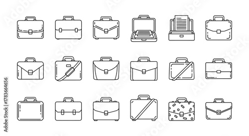 Collection of diverse briefcase icons in a clean, editable stroke style, perfect for UI elements, placards, books, and apps. This vector cartoon illustration features a variety of briefcase designs