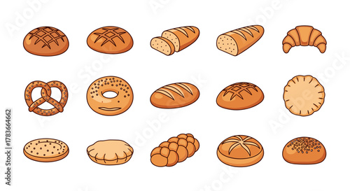 A vibrant and diverse collection of cartoon-style bread icons, perfect for UI elements, placards, books, and apps. This editable vector illustration features a white background and includes a variety