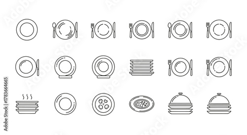 A collection of minimalistic linear pictograms representing plates, cutlery, and food, perfect for web and graphic design, apps, banners, social networks, and cards. This vector cartoon illustration