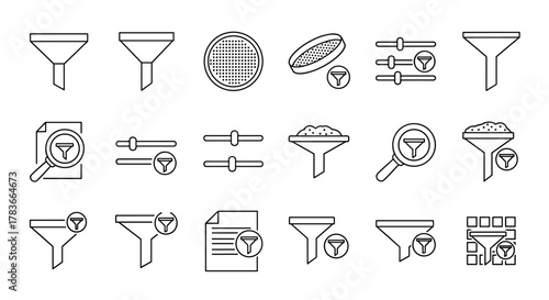 Collection of filter icons and symbols, meticulously drawn with thin lines, perfect for graphic design, web development, and app interfaces. This vector illustration features various filter