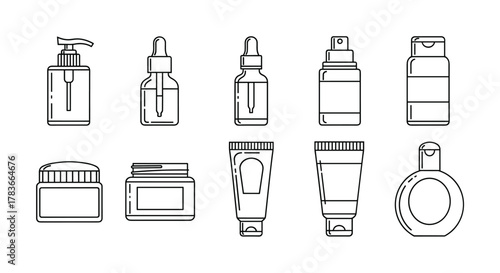 Collection of cosmetic and beauty product containers in a linear outline style, featuring pump bottles, dropper bottles, spray bottles, jars, and tubes, perfect for graphic design, web, apps, and