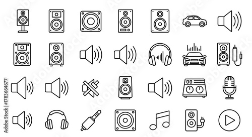 Collection of Loud Speaker Related Line Icons: A comprehensive set of outline signs for graphic and web design, apps, adverts, and various cards, featuring a vector cartoon illustration of audio
