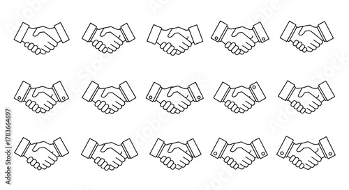 Seamless pattern of handshake outline icons, symbolizing agreement, partnership, and business collaboration. This versatile vector graphic is perfect for infographics, articles, books, flyers, and