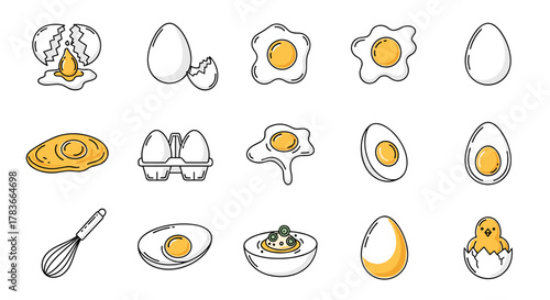 A vibrant collection of hand-drawn egg icons, showcasing various stages and preparations from raw to cooked, including fried eggs, boiled eggs, cracked eggs, and a cute chick hatching, perfect for