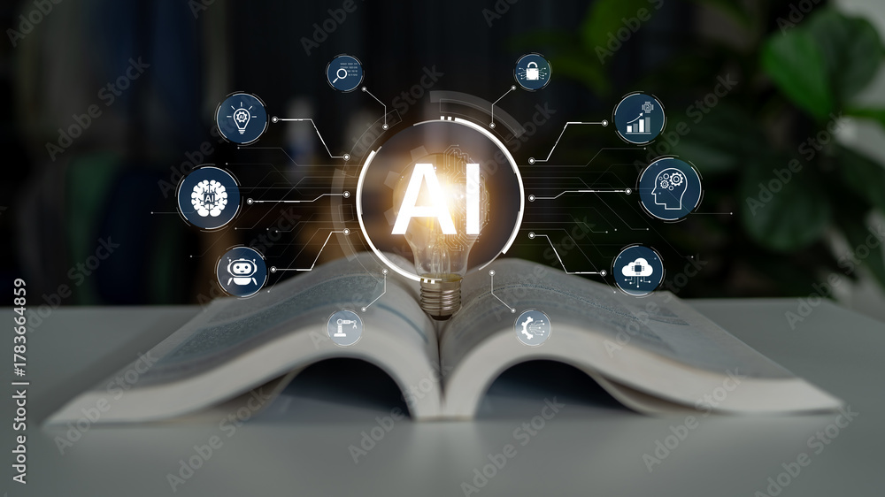 Fototapeta premium A concept of a multifunctional AI platform. This central intelligence hub powers various business operations, including automation, security, data analysis, and innovation. Fermion