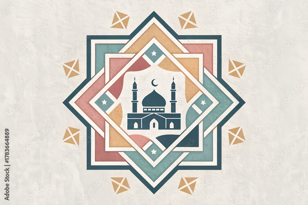 Fototapeta premium Geometric Mosque Illustration – Islamic Architecture with Crescent Moon and Festive Frames