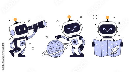 Three adorable cartoon robots engaged in different activities one looking through a telescope another holding a planet and the third reading a book