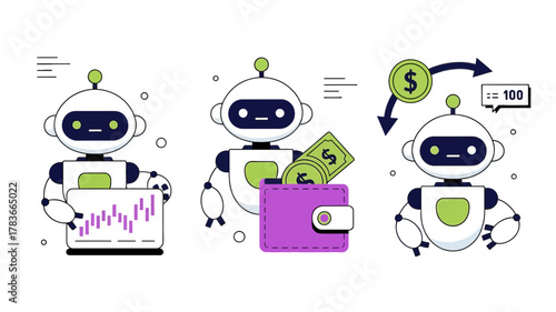 Three cartoon robots illustrating financial concepts like trading charts digital currency in a wallet and financial transactions with arrows and icons