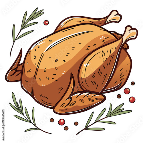Delicious roasted chicken with rosemary and peppercorns illustration