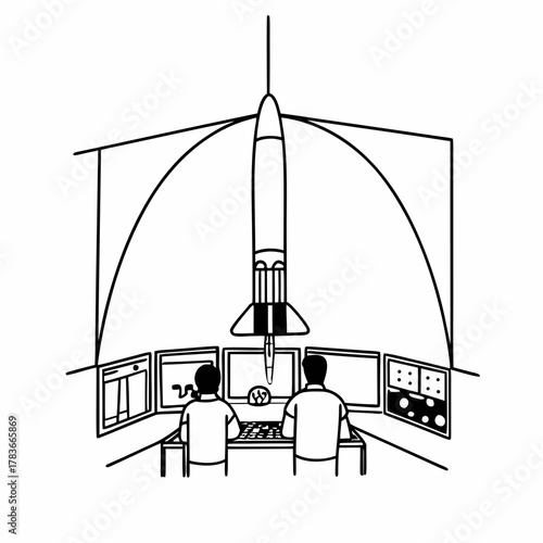 Rocket launch control room with technicians monitoring screens