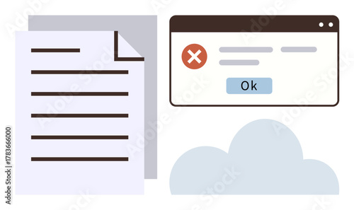 Document with lines, red error alert window with Ok button, and cloud. Ideal for data error, document management, cloud storage issue, file failure, automation glitch, software warning simple flat