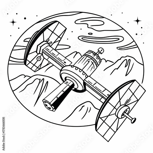 Satellite orbiting a planet with mountains and stars