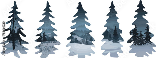 blue winter hat and christmas tree in snowy landscape vector illustration