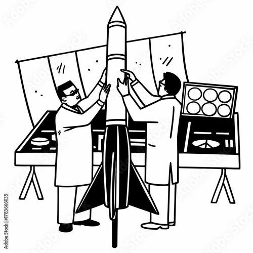 Scientists examine a rocket in a laboratory setting