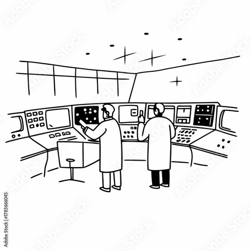 Scientists working in a control room with monitors and consoles