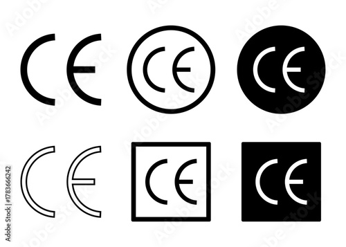 CE Mark Icon Set. European Conformity Certification Signs for Environmental Protection, Health, and Safety Standards in Solid and Outline Style Vector illustration 