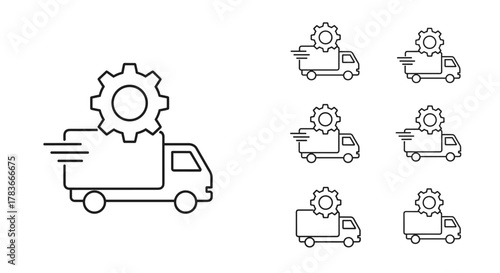 Minimalistic line art icons of delivery trucks with gears, symbolizing logistics, industry, and mechanical services, presented as a clean vector illustration on a white background, suitable for apps