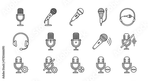 A comprehensive collection of microphone-related line icons, featuring a variety of outline signs perfect for graphic and web design, app development, advertisements, and diverse card applications