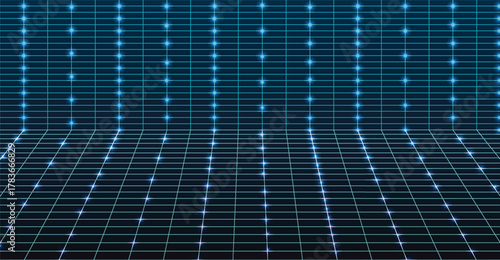 Abstract grid pattern with blue glowing dots forming lines and a perspective view.