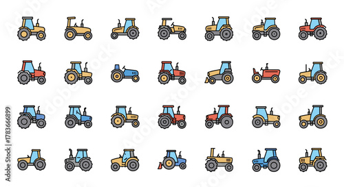 Collection of vibrant, filled color icons representing various tractor models, offering a minimalistic linear pictogram style ideal for web and graphic design, app interfaces, banners, social