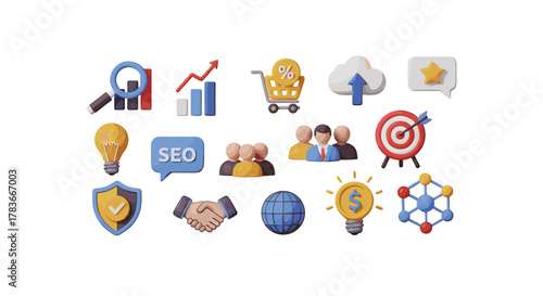 Set of 3D digital marketing and social media optimization icons, including SEO, analytics, teamwork, ideas, security, and global reach, presented in a vibrant cartoon style on a clean white
