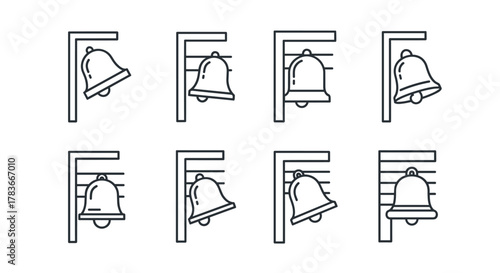 Set of eight outline bell icons on a staff, presented in a clean, minimalist line art style. These versatile vector graphics are perfect for web design, app interfaces, advertising materials, and