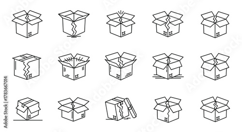 Set of 15 thin line icons representing broken cardboard boxes, perfect for web, books, cards, and apps. These vector cartoon illustrations on a white background depict various states of damage and