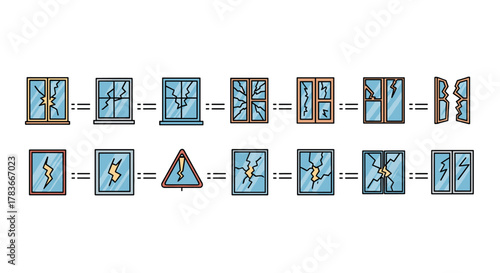 Collection of minimalistic vector cartoon illustrations depicting various types of broken windows, including cracked panes, shattered glass, and damaged frames, suitable for web, graphic design