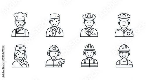 Set of clean, modern line icons representing various professions and human characters, including a chef, doctor, policeman, nurse, fireman, and construction worker, perfect for web and design