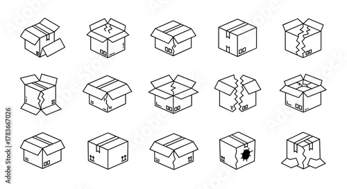 Set of 15 isometric line art icons representing various states of broken and open cardboard boxes, perfect for web, print, and app design, conveying shipping damage, unboxing, or storage issues on a