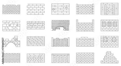 Collection of 20 unique brick wall outline illustrations, editable stroke, perfect for infographics, articles, books, flyers, banners, vector cartoon illustrations, diverse styles including arches