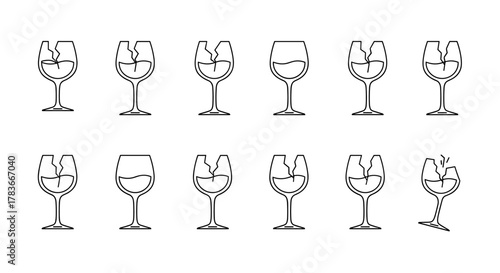 Set of twelve thin line icon illustrations of wine glasses, some intact and some broken with cracks, presented on a clean white background, ideal for web, books, cards, and apps, offering a versatile