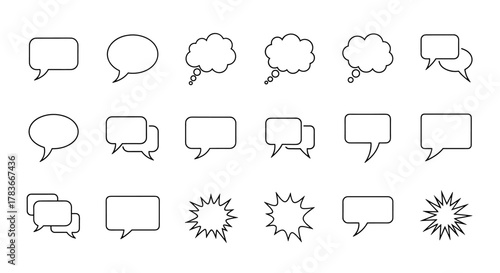 Modern outline style speech bubble icons for design, cards, apps, and social networks. This ordered set of vector cartoon illustrations on a white background features various shapes including rounded