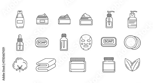 A minimalist linear icon pack showcasing a comprehensive skin care line, featuring essential beauty and hygiene products like lotions, creams, serums, soaps, face masks, cotton pads, and natural