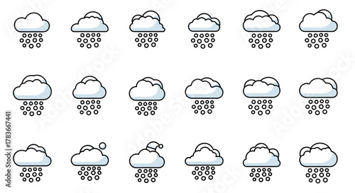 Set of minimalistic cloud icons with falling snow, hail, or rain, presented in a cartoon vector illustration style, perfect for web, graphic design, apps, banners, social networks, and cards