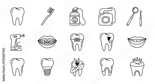 Collection of line icons representing dental care and hygiene, including teeth, toothbrush, dental floss, mouth mirror, dental drill, braces, cavities, and implants, perfect for graphic and web
