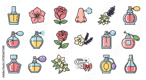 Collection of flat design perfume bottles and floral elements, including roses, lavender, and other flowers, alongside a nose icon and scent waves, representing fragrance and beauty, perfect for