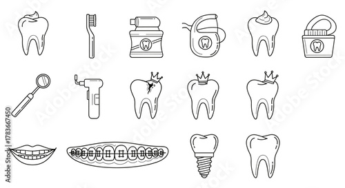 A comprehensive collection of dental care line icons, featuring teeth, toothbrushes, dental floss, mouthwash, dental mirrors, drills, and implants, perfect for graphic design, web development, and