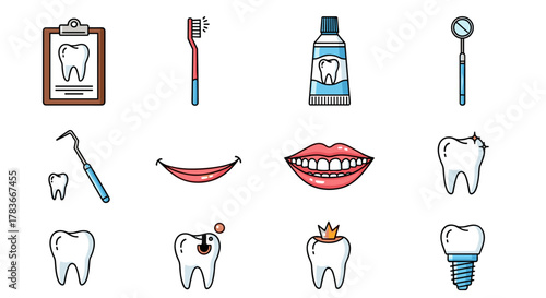 Set of dental care icons on a white background, featuring a tooth on a clipboard, toothbrush, toothpaste, dental mirror, dental probe, healthy teeth, decaying tooth, crowned tooth, and dental