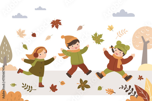Fall, autumn park kids. Children outdoor activity. Boy and girls play with falling leaves. Little people in warm clothes. Forest, october and november defoliation